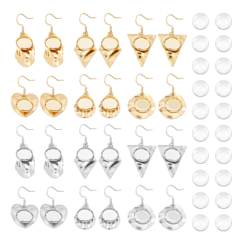 12 Pairs 12 Style Glass Blank Dome Dangle Earrings, Rhombus & Teardrop & Triangle & Heart & Nugget 304 Stainless Steel Drop Earrings, Golden & Stainless Steel Color, 37~47mm, Pin: 0.7mm, 2 color, 1 Pair/style