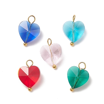 Faceted Transparent Glass Charms, with Golden Brass Findings, Heart, Mixed Color, 14.5x10x7mm, Hole: 2.2mm