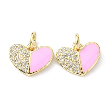 Eco-Friendly Brass Micro Pave Clear Cubic Zirconia Enamel Pendant, with Jump Rings, Long-Lasting Plated, Heart, Real 18K Gold Plated, Pearl Pink, 10x12x2mm, Hole: 3.4mm