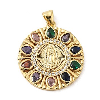 Rack Plating Brass Micro Pave Cubic Zirconia Pendants, Cadmium Free & Lead Free, Real 18K Gold Plated, Long-Lasting Plated, Flat Round with Saint, Colorful, 26x23.5x3mm, Hole: 3.5x5mm