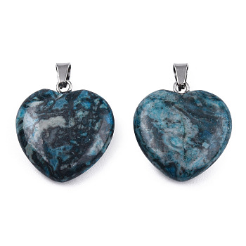 Natural Map Stone Pendants, with Stainless Steel Color Tone Stainless Steel Snap On Bails, Heart Charm, Dyed & Heated, Dark Turquoise, 22~22.5x20~20.5x6mm, Hole: 2.5x5mm