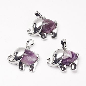 Natural Amethyst Pendants, with Brass Findings, Elephant, Platinum, 22.5x27x8mm, Hole: 5x8mm