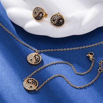 Yin-yang 304 Stainless Steel Rhinestone Pendant Necklaces & Bracelets & Stud Earrings Sets for Women, Golden, 17.95 inch(456mm)