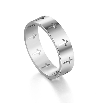 Stainless Steel Cross Finger Ring, Hollow Ring for Men Women, Stainless Steel Color, US Size 8(18.1mm)