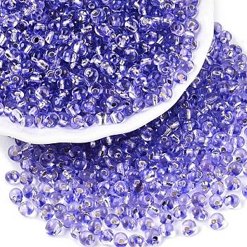 6/0 Baking Paint Transparent Glass Seed Beads, Silver Lined, Teardrop, Medium Slate Blue, 4~5x4~4.5x3~4mm, Hole: 1~1.2mm, about 4500pcs/pound