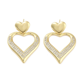 Rack Plating Brass Micro Pave Cubic Zirconia Studs Earrings, Dangle Earrings for Women, Long-Lasting Plated, Lead Free & Cadmium Free, Real 18K Gold Plated, Heart, 39x28.5mm