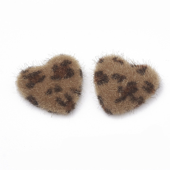 Faux Mink Fur Covered Cabochons, with Aluminum Bottom, Heart, Platinum, Sienna, 25x26x6~7mm