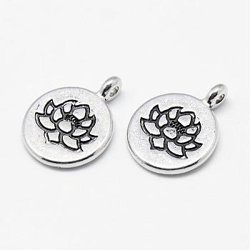 Tibetan Style Alloy Pendants, Flat Round with Lotus, Cadmium Free & Lead Free, Antique Silver, 20x15x4.5mm, Hole: 1.5mm, about 490pcs/1000g