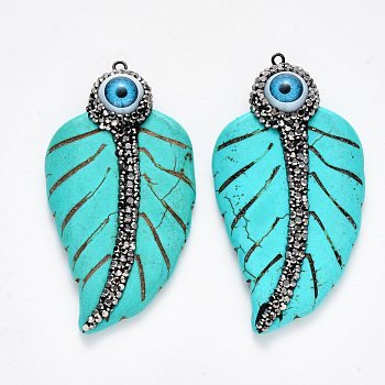 Synthetic Turquoise Pendants, with Polymer Clay Rhinestones, Evil Eye Resin and Iron Loop, Dyed, Leaf, Gunmetal, Turquoise, PP12(1.8~1.9mm), 67~68x36~37x12mm, Hole: 1.6~2mm