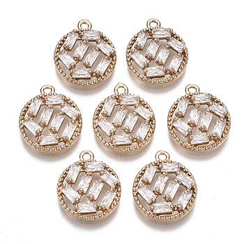 Brass Micro Pave Cubic Zirconia Pendants, Long-Lasting Plated, Flat Round, Light Gold, Clear, 16x14x3.5mm, Hole: 1.4mm