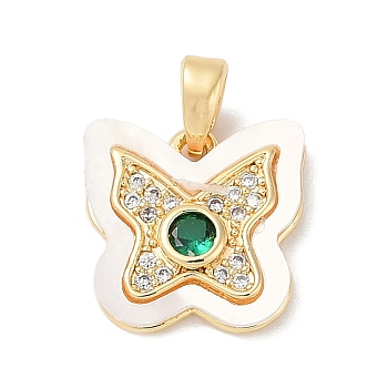 Brass Micro Pave Cubic Zirconia Pendants, with Shell, Butterfly Charms, Dark Green, 13x13.5x3mm, Hole: 4x2mm