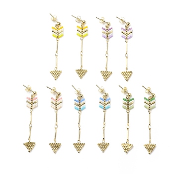 Glass Seed Braided Arrow Dangle Stud Earrings, Golden Brass Wire Wrap Long Drop Earrings for Women, Mixed Color, 55mm, Pin: 0.8mm