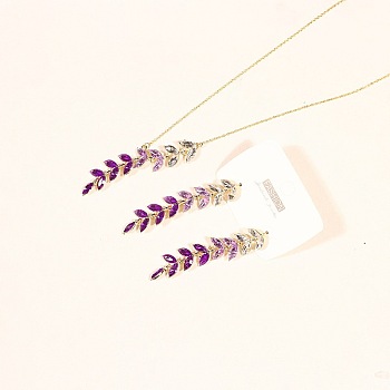 Wheat Alloy Gradient Color Cubic Zirconia Pendant Necklace & Stud Earring, Golden, Purple, 400mm & 50mm