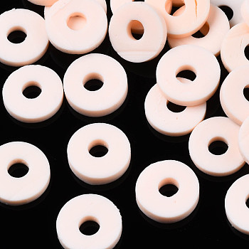 Eco-Friendly Handmade Polymer Clay Beads, Disc/Flat Round, Heishi Beads, Misty Rose, 4x1mm, Hole: 1mm, about 55000pcs/1000g