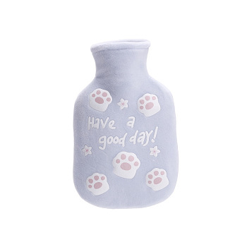 Cat Paw Print Rubber Hot Water Bottles, with with Soft Fluffy Cover, Hot Water Bag, Light Steel Blue, 187x110mm, Capacity: 350ml