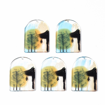Transparent Printed Acrylic Pendants, Half Oval with Tree, Colorful, 42x29x2.5mm, Hole: 1.6mm