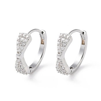 Brass Micro Pave Cubic Zirconia Hoop Earrings, Bowknot, Real Platinum Plated, 12.5x4mm