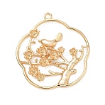 Brass Pendants, Flower with Magpie Charms, Real 18K Gold Plated, 33.5x30.5x3mm, Hole: 1.6mm(KK-D263-01G-02)