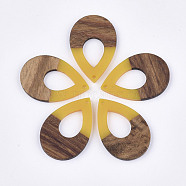 Resin & Walnut Wood Pendants, Teardrop, Gold, 38x25.5x3mm, Hole: 2mm(RESI-S358-94D)