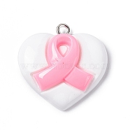 Acrylic Pendants, with Platinum Tone Iron Loop, Heart with Breast Cancer Awareness Ribbon Charm, White, 23.5x23.4x7mm, Hole: 2mm(MACR-C013-02A)