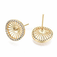 Brass Micro Pave Clear Cubic Zirconia Stud Earring Findings, for Half Drilled Bead, Nickel Free, Flat Round, Real 18K Gold Plated, 12x12mm, Pin: 0.7mm, Pin: 0.6mm(for Half Drilled Bead)(KK-T056-124G-NF)