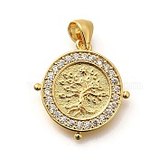 Rack Plating Brass Micro Pave Cubic Zirconia Pendants, Long-Lasting Plated, Lead Free & Cadmium Free, Tree of Life Charms, Real 18K Gold Plated, 20x19x2mm, Hole: 5x3mm(KK-L226-051G-02)