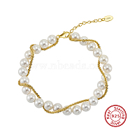 Adjustable Natural Shell Pearl Beaded Bracelets, 925 Sterling Silver Clasps Bracelets for Women, Real 14K Gold Plated, 6-1/2 inch(16.5cm)(BJEW-L692-009G)