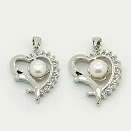 Natural Cultured Freshwater Pearl Pendants, with Brass Rhinestone Findings, Heart, Platinum Metal Color, White, 25x20x7mm, Hole: 3x4mm(PEAR-J001-01)