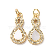 Brass Micro Pave Cubic Zirconia Pendants, with Shell,  Real 18K Gold Plated, Infinity, Clear, 21x10x3mm, Hole: 3mm(KK-B083-01G)
