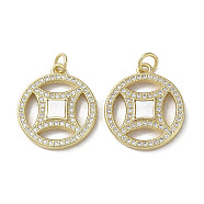 Brass Micro Pave Cubic Zirconia Pendants, with Shell, Copper Cash, Real 18K Gold Plated, 21.5x18.5x3mm, Hole: 3mm(KK-G485-15G)