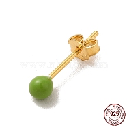 Enamel Round Ball Stud Earrings, Golden 925 Sterling Silver Jewelry for Women, Yellow Green, 14.5x3mm, Pin: 0.8mm(EJEW-C020-01G-08)