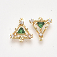 Brass Cubic Zirconia Links, Real 18K Gold Plated, Nickel Free, Triangle, Green, 15x13x3mm, Hole: 1mm(KK-T038-552B-NF)
