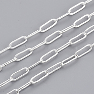 Brass Paperclip Chains, Flat Oval, Drawn Elongated Cable Chains, Soldered, with Spool, Cadmium Free & Lead Free, Silver Color Plated, 6x2.6x0.4mm, about 16.4 Feet(5m)/roll(X-CHC-S008-001C-S)