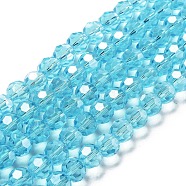 Electroplate Transparent Glass Beads Strands, Faceted(32 Facets), Round, Pearl Luster Plated, Deep Sky Blue, 8mm, Hole: 1mm, about 66~69pcs/strand, 19.29~19.57 inch(49~49.7cm)(EGLA-A035-T8mm-A08)
