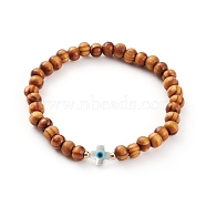Natural Wood Beads Stretch Bracelets, with Natural White Shell Beads, Synthetic Turquoise and Brass Round Beads, Cross, Golden, BurlyWood, Inner Diameter: 2-1/2 inch(6.2cm)(BJEW-JB05848-02)
