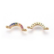 Brass Cubic Zirconia Links, Long-Lasting Plated, Curved, Colorful, Real 18K Gold Plated, 4.3x13.8x2mm, Hole: 0.8mm(X-ZIRC-E162-13G)