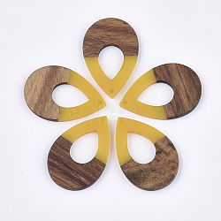 Resin & Walnut Wood Pendants, Teardrop, Gold, 38x25.5x3mm, Hole: 2mm(RESI-S358-94D)