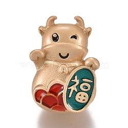 Alloy Enamel Beads, Cattle with Chinese Character Fu, Matte Gold Color, Red, 16.5x11.7x8mm, Hole: 3.2x4mm(ENAM-O045-02)