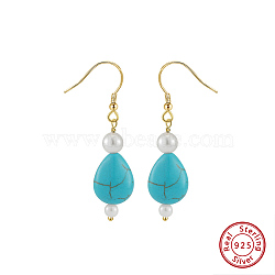 Natural Turquoise & Shell Pearl Beaded Dangle Earrings, with 925 Sterling Silver Earring Hook, Real 14K Gold Plated, 47x12mm(EJEW-L294-005G)