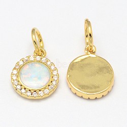 Brass Micro Pave Cubic Zirconia Charms, with Synthetic Opal, Flat Round, Golden, 12x9.5x2mm, Hole: 4mm(X-ZIRC-G068-01G)