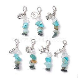 Natural Quartz Crystal & South Africa Jasper Chips Pendant Decoration, Alloy Charms  and Lobster Claw Clasps Charms for Bag Ornaments, Starfish, 46~51mm, Pendant: 12~20x6.5~13x1.5~3.5mm, 7pcs/set(HJEW-JM02100-01)