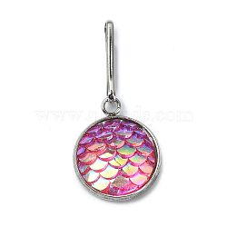 Resin Flat Round with Mermaid Fish Scale Keychin, with Iron Keychain Clasp Findings, Magenta, 2.7cm(HJEW-JM01279-04)