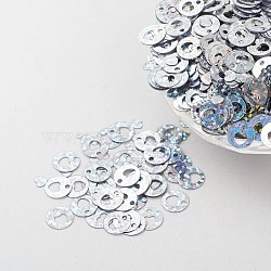 Ornament Accessories Plastic Paillette/Sequins Charms, Flat Round with Heart, Silver, 8x0.1mm, Hole: 1.4mm(X-PVC-E001-11-LS01)