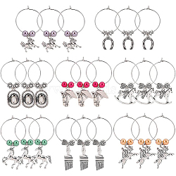 24Pcs 8 Styles Horseshoe & Brush & Horse & Hat Alloy Wine Glass Charms with Acrylic Pearl, Brass Hoop Earrings, Mixed Color, 44~60mm, Pin: 0.8mm, 3pcs/style(AJEW-BC0003-14)