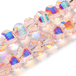 Transparent Electroplate Glass Beads Strands, AB Color Plated, Faceted, Rondelle, Pink, 7.8x5.8~6.3mm, Hole: 1.5mm, about 80pcs/strand, 18.31''~19.88''(46.5~50.5cm)(GLAA-Q099-C01-03-1)