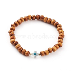 Natural Wood Beads Stretch Bracelets, with Natural White Shell Beads, Synthetic Turquoise and Brass Round Beads, Cross, Golden, BurlyWood, Inner Diameter: 2-1/2 inch(6.2cm)(BJEW-JB05848-02)
