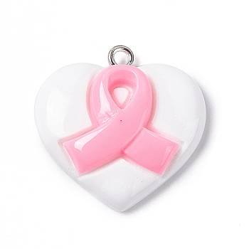Acrylic Pendants, with Platinum Tone Iron Loop, Heart with Breast Cancer Awareness Ribbon Charm, White, 23.5x23.4x7mm, Hole: 2mm