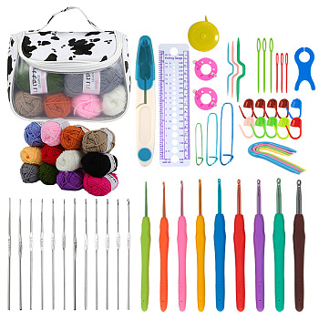 DIY Knitting Kits with Storage Bags for Beginners Include Crochet Hooks, Polyester Yarn, Crochet Needle, Stitch Markers, Scissor, Ruler, Tape Measure, Mixed Color, 22.9x12.7x2.5cm