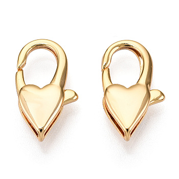 Brass Heart Lobster Claw Clasps, for Jewelry Making, Real 18K Gold Plated, 14x8x3.5mm, Hole: 3x1.2mm