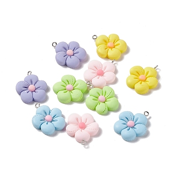 Opaque Resin Pendants, with Platinum Tone Iron Loops, Flower Charms, Mixed Color, 28x23x5mm, Hole: 2mm